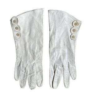 Vintage Womens White Leather‎ Gloves Beaded Soft Fashion Feminine Fairy Coquette